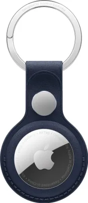 A dark blue leather AirTag keychain with a silver keyring, shown against a white background.