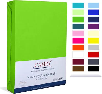 A bright green fitted sheet is shown standing upright, with a white label at the bottom. To the right, a grid of small colored squares displays various color options for the product.