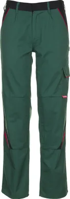 A pair of green work pants with black and red accents.