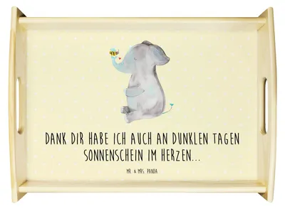 Produktbild von Mr. & Mrs. Panda Tablett Elefant Biene - Gelb Pastell - Geschenk, aus holz, Liebesspruch, Lustige Sprüche, Liebe, Küchentablett, Dekotablett, Heiratsantrag, Deko