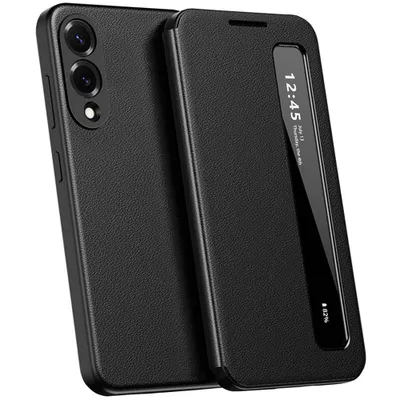 Image de Housse en cuirPolyuréthanepour Samsung Galaxy S25 Edge, étui intelligent pour téléphone portable avec Smart Side Window Noir