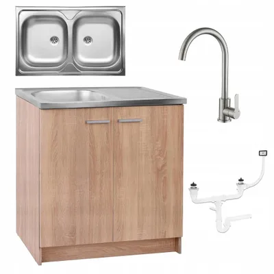 Image de Stamar | Armoire de cuisine, avec évier, 80 cm, chêne Sonoma, avec robinetterie