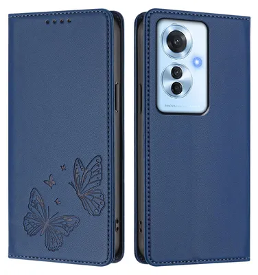 Obrázek produktu pro Kožené pouzdro pro Oppo Reno11 F 5G, motýlí ražbou, peněženkové flip pouzdro se stojánkem Tmavě modrá