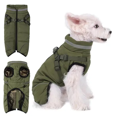 Image de Manteau pour chien, veste d'hiver chaude, réfléchissante, avec harnais, couleur vert
