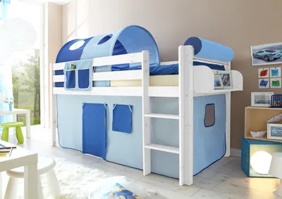 Produktbild von Hochbett "Malte" Kiefer Weiß Classic (Hellblau-Dunkelblau)