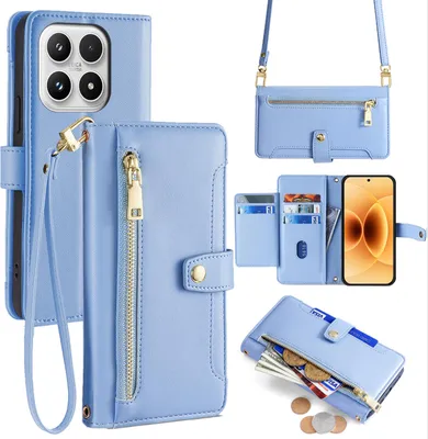 Produktbild von Handykette für Xiaomi 17 Hülle mit Band Handyhülle Kartenfächer Kunstleder Umhängetasche in Hellblau