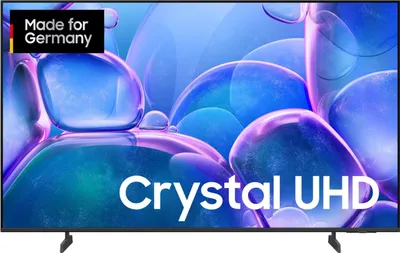 A Samsung Crystal UHD TV displaying a colorful abstract background.