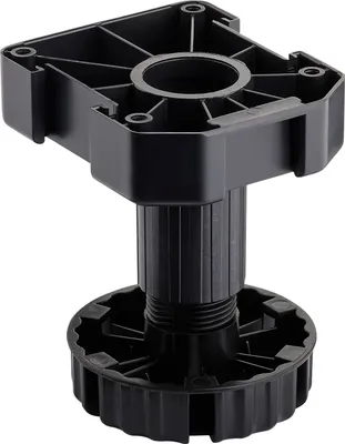 A black adjustable cabinet leg with a wide base and a square mounting plate.