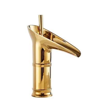 Produktbild von Wasserhahn aus Messing, Warm- und Kaltwasser, Keramikkartusche, Wasserfallauslauf, Waschbeckenarmatur, Gold