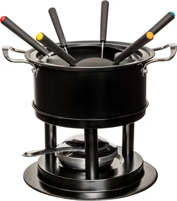 A black fondue set with six fondue forks with colored tips, displayed on a white background.