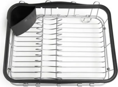 A top-down view of a metal dish rack with a black plastic compartment attached.