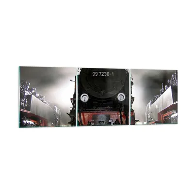 Produktbild von Bilder auf glas - Dampflokomotive Gleise Nebel - 90x30cm - Glasbilder - Wandbilder - Kunstdruck - zum Aufhängen bereit - Wanddekoration aus Glas - Glas Bilder - Wandbild auf Glas - GCA90x30-0281