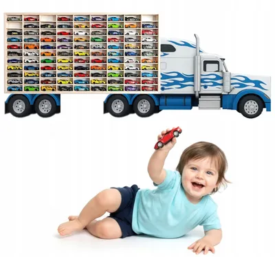 Modellauto-Regal für 80 Autos 1:64 – Wandregal & Setzkasten für Spielzeugautos, US-Truck-Motiv, Weiß, Birken-Sperrholz – mit Modellautos an der Wand