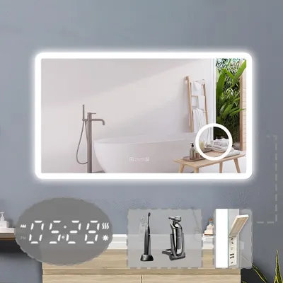 Produktbild von LED Badspiegel mit Steckdose 120x70cm Beschlagfrei 3 Lichtfarbe Dimmbar Uhr Speicherfunktion Wandspiegel mit 3X Schminkspiegel