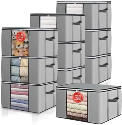 Produktbild von PolkaHome® 10 Stück Aufbewahrungsboxen, faltbar, 90 Liter, mit Sichtfenster und Reißverschluss, Grau