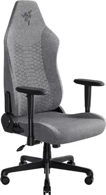 A grey fabric gaming chair with black accents and a Razer logo on the headrest.