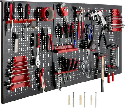 Obrázek produktu pro Nástěnka na nářadí - Nástěnný držák na nářadí - Děrovaná stěna - 120 × 60 cm - Litina - Včetně sady háčků - Červená barva