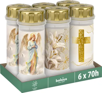 Produktbild von Bolsius 6er Set Grabkerzen, weiß mit Muster, Engel, Schritt, Lilie
