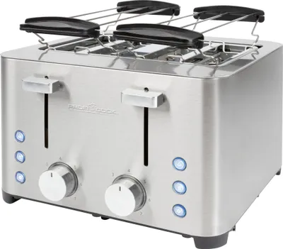 A stainless steel four-slice toaster with a brushed metal finish.
