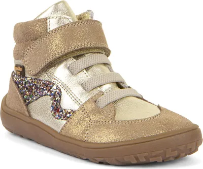 A single gold high-top sneaker with glitter accents.