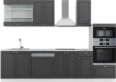 Image de Cuisine Vicco Fame-Line Anthracite-or/blanc 300cm avec armoire haute, PT Marbre, Model 42589