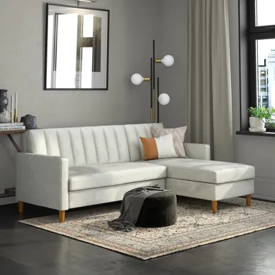 Produktbild von Cecilie | Schlafsofa 4 Sitze mit Chaise Lounge aus Samt Hellgrau