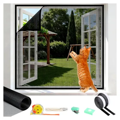 Produktbild von Katzennetz für Fenster - Fliegengitter für katzensicheren Fensterschutz ohne Bohren, größenverstellbar mit Selbstklebeband, Maßband, Schere und Hefter