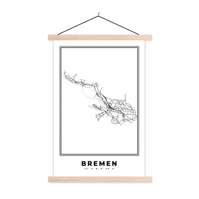 Produktbild von MuchoWow® Textilposter Karte - Stadtplan - Bremen - Deutschland - Schwarz und weiß 120x180 cm mit holzfarbenen Rahmen - Textil-Plakat