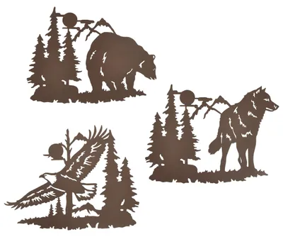 Metall-Wanddeko Bär Wolf Adler 3er-Set rustikale Lasergravur