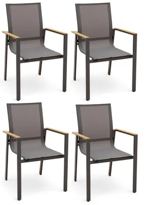 Produktbild von 4x ALEOS. Gartenstuhl mit Armlehne Gartensessel Stapelstuhl Stapelsessel Sessel TRINIDAD Aluminium Textilgewebe Teak stapelbar