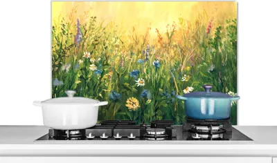 Obrázok produktu pre KitchenYeah® Kuchynský splashback - Kuchynský splashback - Ochrana steny sporáka a drezu - Kvety - Akvarel - Slnko 80x55 - Alu-Dibond (alternatíva skleneného splashbacku) - Tepelne odolný - Splashback na sporák