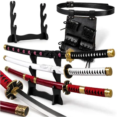 Produktbild von 3er Deko-Schwert-Set aus Bambus, 78 cm, mit Scheiden, Staender und Tragegurt - asiatische Dekoration, Cosplay- und Kostuemzubehoer fuer Sammler