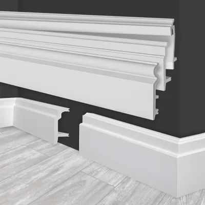 Produktbild von MARBET DESIGN Sockelleisten weiß HDPS Kunststoff - 2 Meter Fußleisten Profil Fußbodenleisten Abschlussleisten Boden Leisten Kabelkanal (HF-1 108x24 mm, Musterstück)