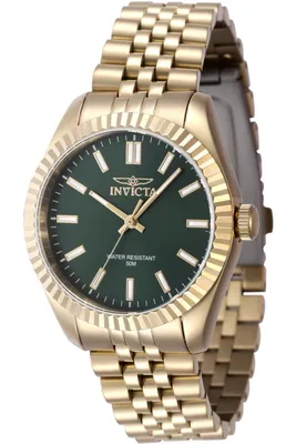 A close-up studio shot of a gold-toned Invicta watch with a green dial.