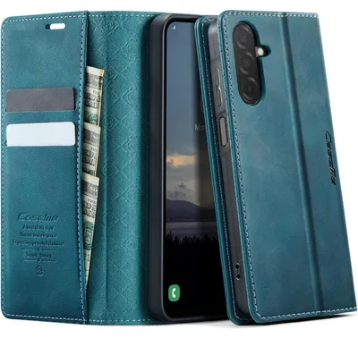 Image de Coque de protection rabattable pour Samsung Galaxy A26 5G, en simili cuir, bleu-vert, avec compartiment RFID pour cartes et fonction support