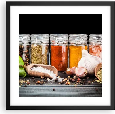 Produktbild von Gerahmtes Poster - Schwarzer Rahmen - Gewürze Knoblauch Holz Salz - 40x40 cm - Wand Bild - Wanddeko - Wandbilder - Wandposter - Bilderrahmen - Bilder - Kunstdruck - Wandbild - P2BAC40x40-2896