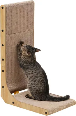 Productafbeelding van Krabplank voor katten - L-vormig krabkarton - 68 cm hoog - met speelbal - golfkarton