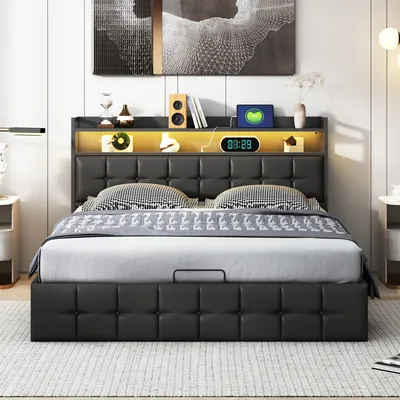 Obrázek produktu pro Čalouněná postel ProximaX 140x200 cm s USB a zásuvkami, postel pro mladé manželská postel s roštem a úložným prostorem, úložná postel s LED diodou, PU，černá