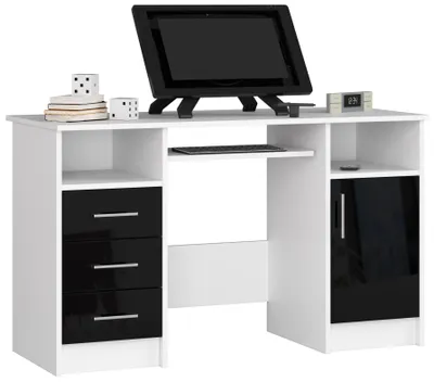 Obrázek produktu pro Akord Psací stůl Ana 3 zásuvky 1 skříň bílá/černá vysoký lesk 124x52x74 cm