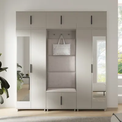 Produktbild von Garderoben-Set Napoli Version 2:Kleiderschrank mit Polsterpaneelen, Schuhschrank, Hängeschrank für Flur und Eingangsbereich (Cashmere/Trinity 01)