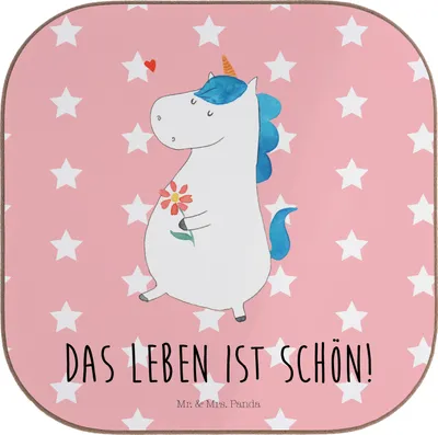 Produktbild von Mr. & Mrs. Panda Untersetzer für Gläser Einhorn Spaziergang - Rot Pastell - Geschenk, Motivation, Schwester, Teeuntersetzer, Holzuntersetzer, Unicorn, gläseruntersetzer
