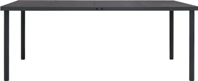 A dark gray rectangular outdoor dining table with four legs, shown from the front on a white background.