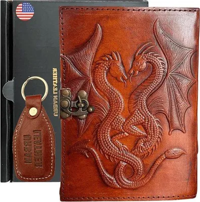 Produktbild von Famanu Tagebuch mit Schloss - Handgemachtes DND-Tagebuch - Vintage Drachenmotiv - Gesp-Slot - Unbeschriebene Seiten