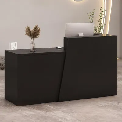 Image de Comptoir de réception avec tiroir et étagères, dimensions 190x42x100 cm, couleur noire, emplacement à droite