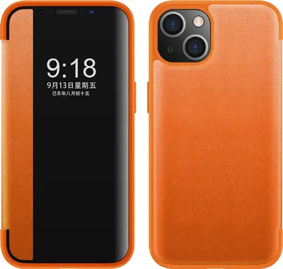 Image de Étui pour iPhone 13 étui fin à rabat en cuirPolyuréthaneavec fenêtre d'affichage Orange