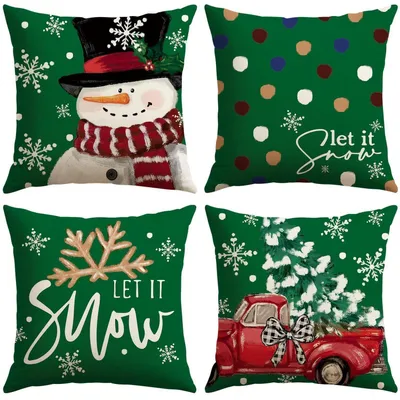 Productafbeelding van Set van 4 kussenhoezen met sneeuwpop-, kerstboom- en vrachtwagenmotieven, 45x45 cm, groen, polyester-linnen