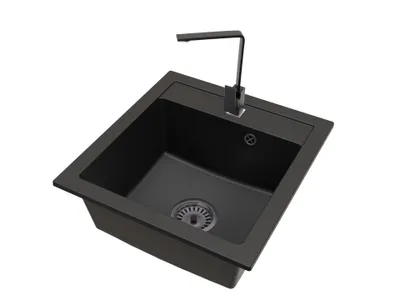 Produktbild von Granitspüle Küchenspüle Schwarz gesprenkelt mit Armatur Schwarz und Siphon Schwarz