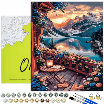 Zdjęcie produktu dla Oh Art! Painting by Numbers Set 40x50 cm - Landscape - Mountains Lake Sunset Terrace Flowers - 30 kolorów akrylowych, 3 pędzle, płótno z drewnianą ramą