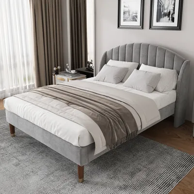 Produktbild von Flieks Doppelbett Jugendbett 160x200cm Polsterbett mit Lattenrost, Massivholzbett Samt, Kinderbett Gästebett, Grau