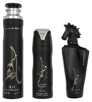 Zdjęcie produktu dla Zestaw upominkowy Lattafa Maahir Black Edition: woda perfumowana w sprayu 100 ml / dezodorant w sprayu 200 ml / odświeżacz powietrza 300 ml